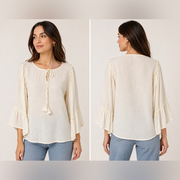 Tops - Les Soers Semi Sheer Beige Cream Tie Front Peasant Blouse Bell Sleeves Medium